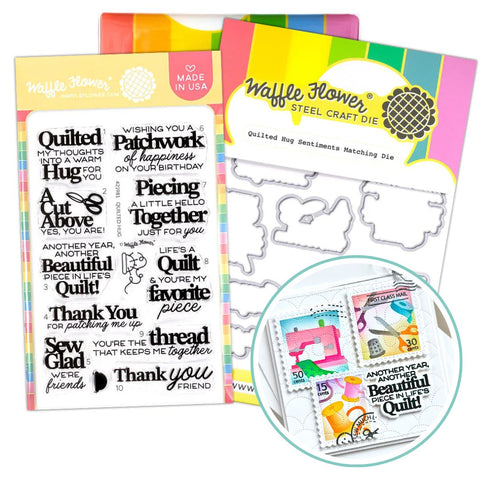 WAFFLE FLOWER: Quilted Hug Sentiments | Combo Stamp & Die