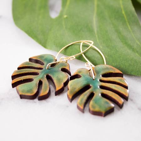 No Man s Land Artifacts Monstera Leaf Wood Resin Earrings