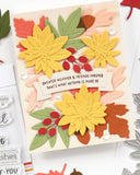 Promotional preview graphic for Concord & 9th 'Sneak Peek' Autumn Splendor stamps and dies, featuring a handmade layered autumn card with yellow flowers, red berries, and colorful leaves, alongside sample stamps and dies on a white background.